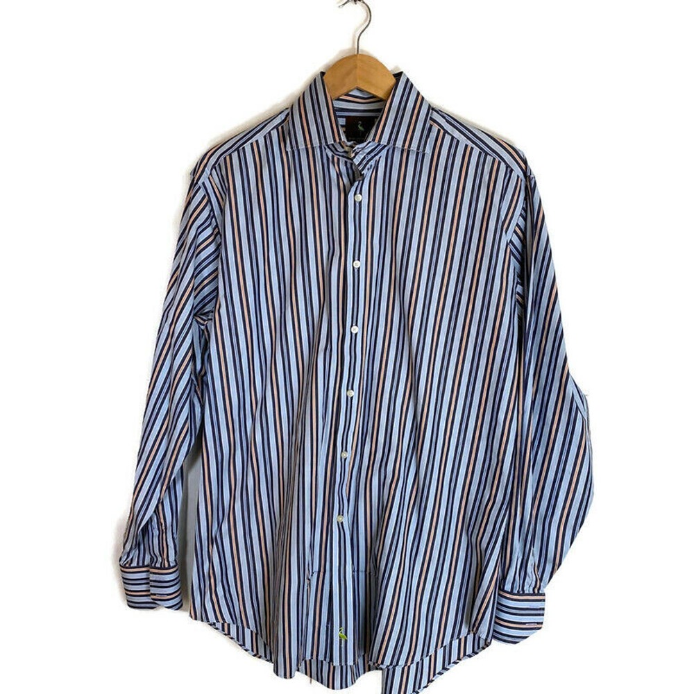 Tailorbyrd Button Shirt Mens L Striped 100% Cotton Long Sleeve Blue Orange